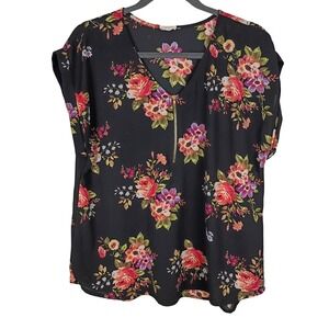 Tavia Womens Black Floral V-Neck Zip Front Short Sleeve Blouse Top